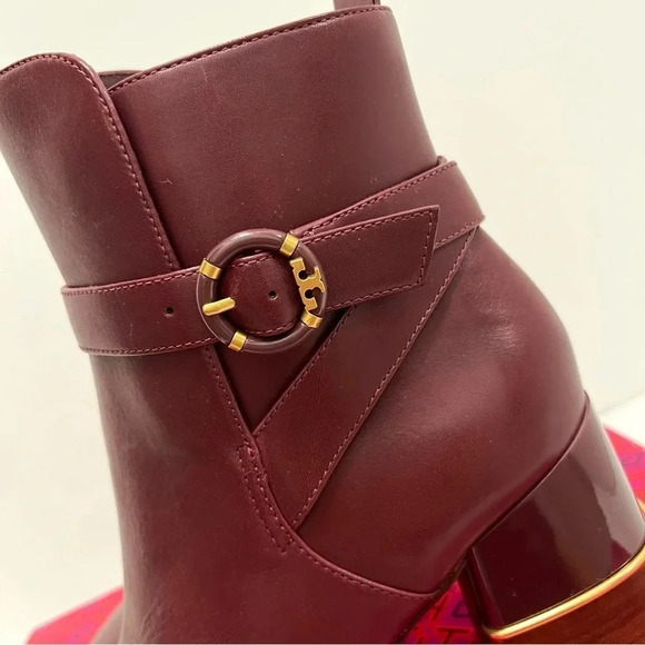Tory Burch Multi Logo Buckle Boot Ankle Booties Square Toe Claret Burgundy 10 - Picture 5 of 14